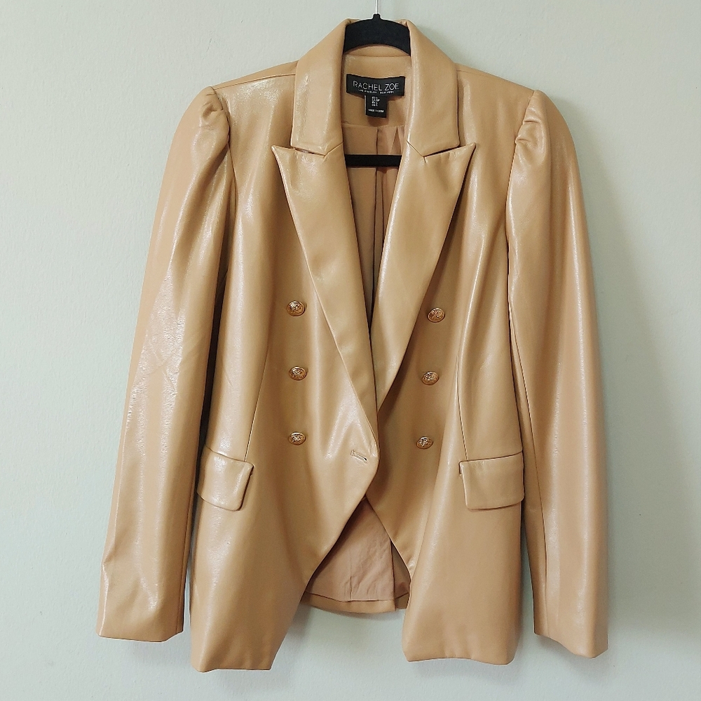 Rachel Zoe Faux Vegan Leather Blazer Small Camel Beige Double Breasted Jacket